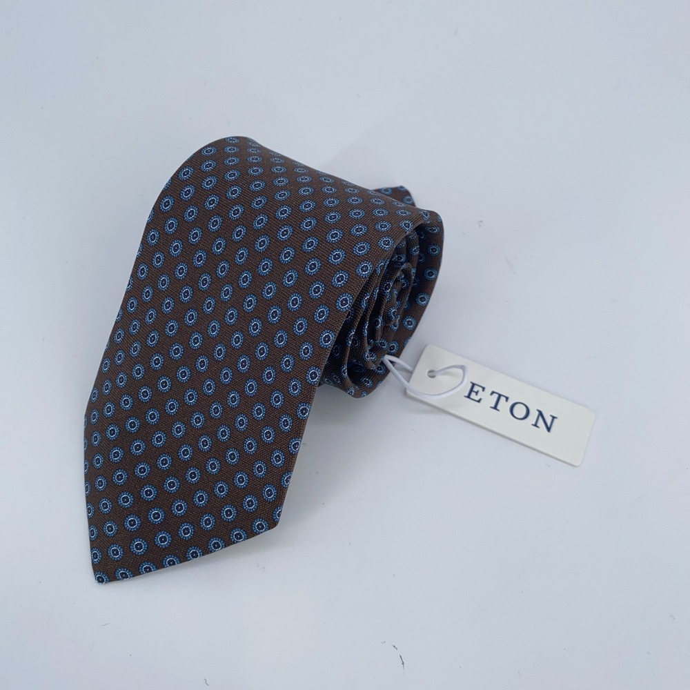 Eton Tie Mens One Size Brown Blue Patterned Silk Classic Necktie Italy Made NWT